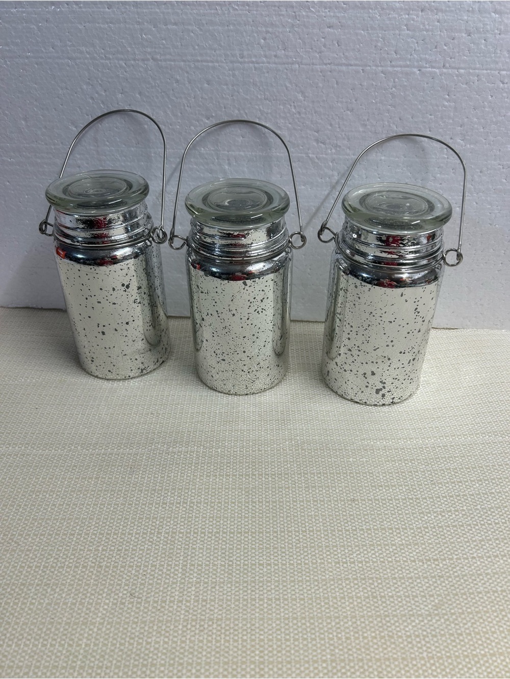 Set of 3 Silver Speckled Glass Jar Lanterns